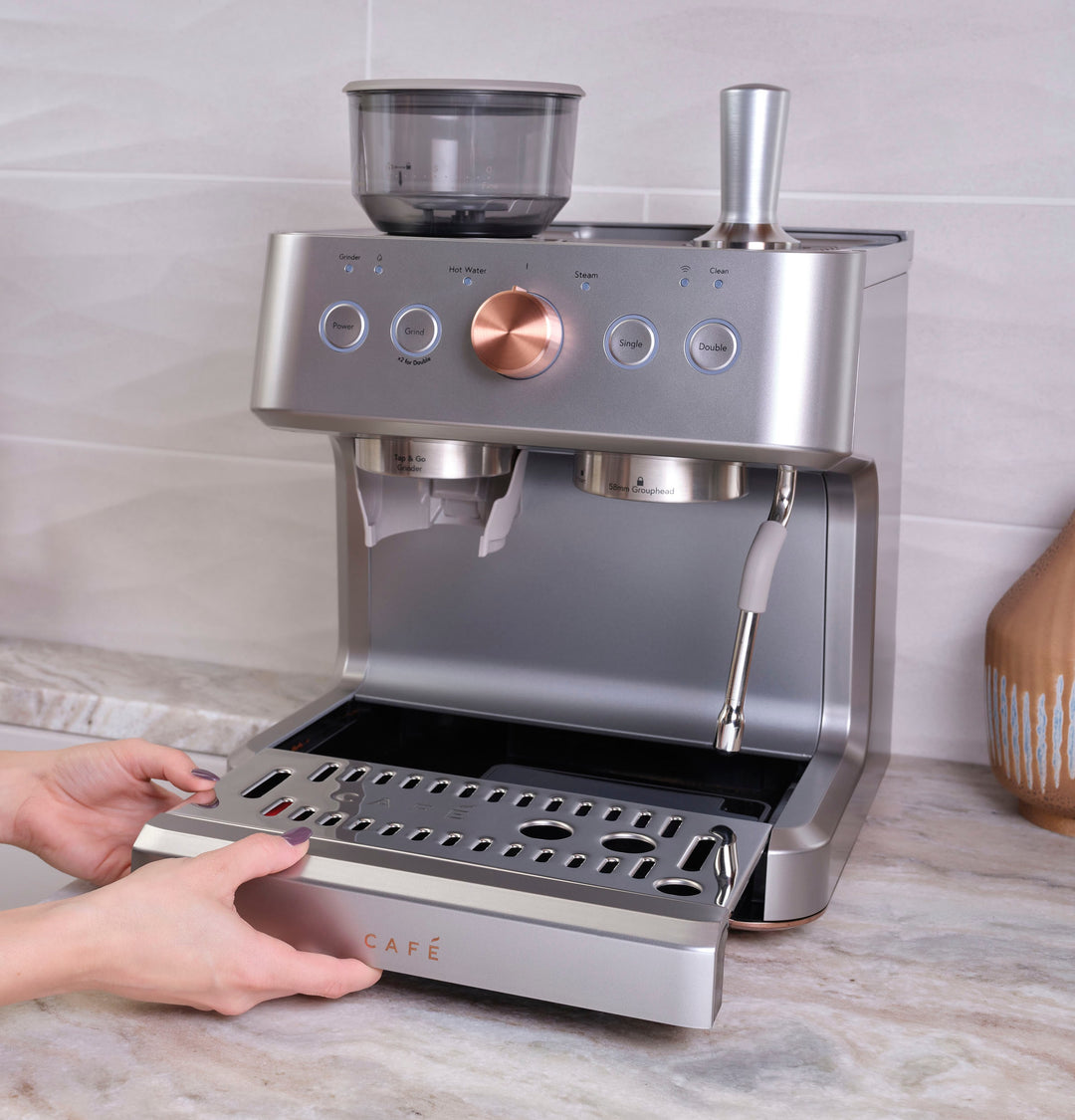 Café - Bellissimo Semi-Automatic Espresso Machine with 15 bars of pressure, Milk Frother, and Built-In Wi-Fi - Steel Silver_18
