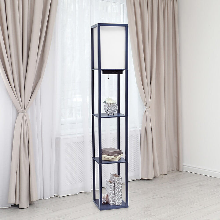 Simple Designs - Floor Lamp Etagere Organizer Storage Shelf w 2 USB Charging Ports, 1 Charging Outlet & Linen Shade - Navy_2