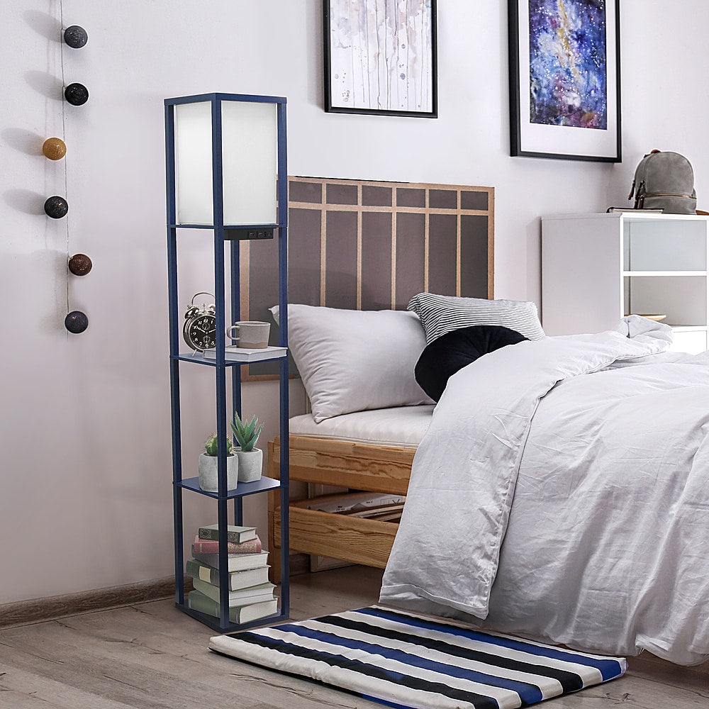 Simple Designs - Floor Lamp Etagere Organizer Storage Shelf w 2 USB Charging Ports, 1 Charging Outlet & Linen Shade - Navy_11