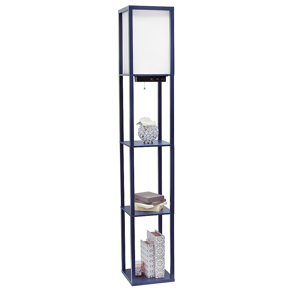 Simple Designs - Floor Lamp Etagere Organizer Storage Shelf w 2 USB Charging Ports, 1 Charging Outlet & Linen Shade - Navy_10