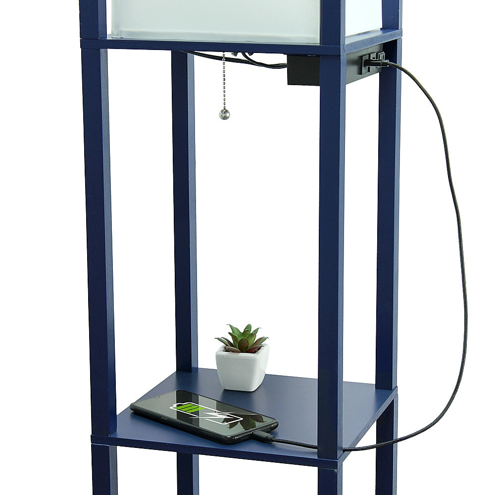 Simple Designs - Floor Lamp Etagere Organizer Storage Shelf w 2 USB Charging Ports, 1 Charging Outlet & Linen Shade - Navy_9