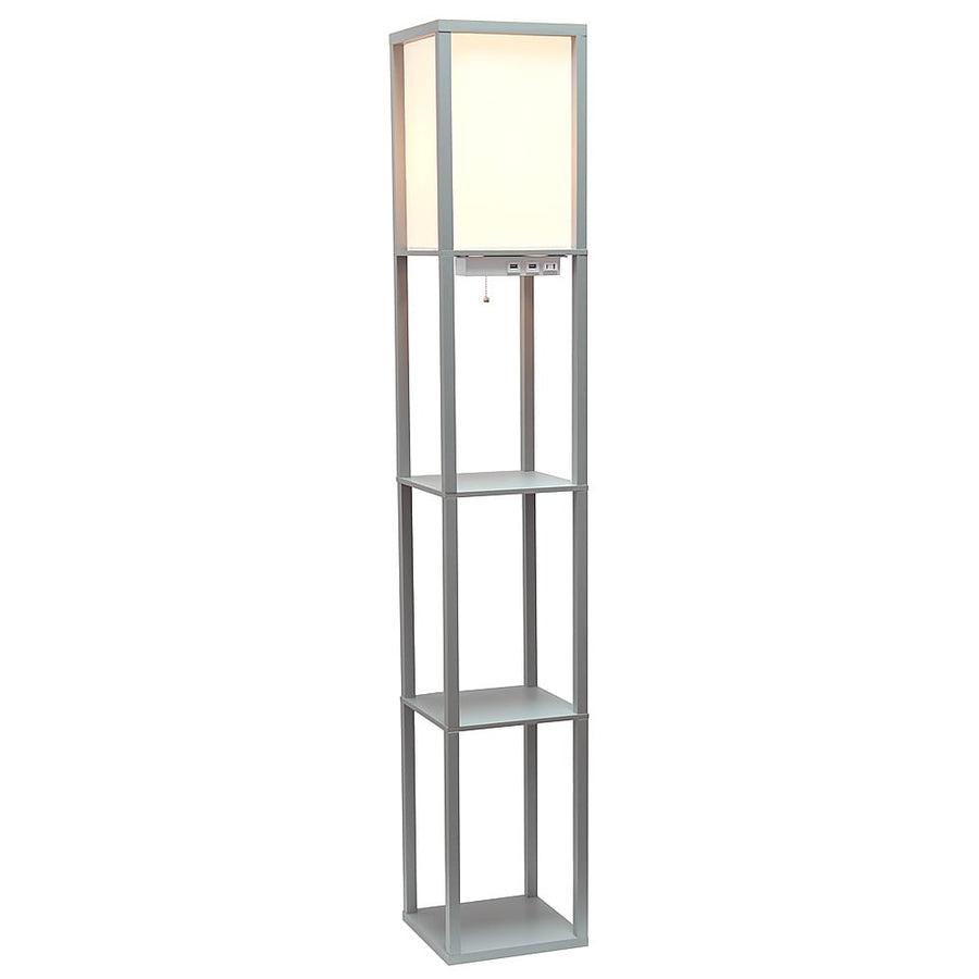 Simple Designs - Floor Lamp Etagere Organizer Storage Shelf w 2 USB Charging Ports, 1 Charging Outlet & Linen Shade - Gray_0