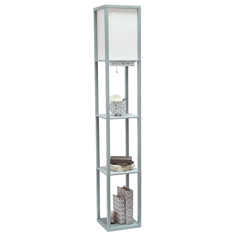 Simple Designs - Floor Lamp Etagere Organizer Storage Shelf w 2 USB Charging Ports, 1 Charging Outlet & Linen Shade - Gray_8