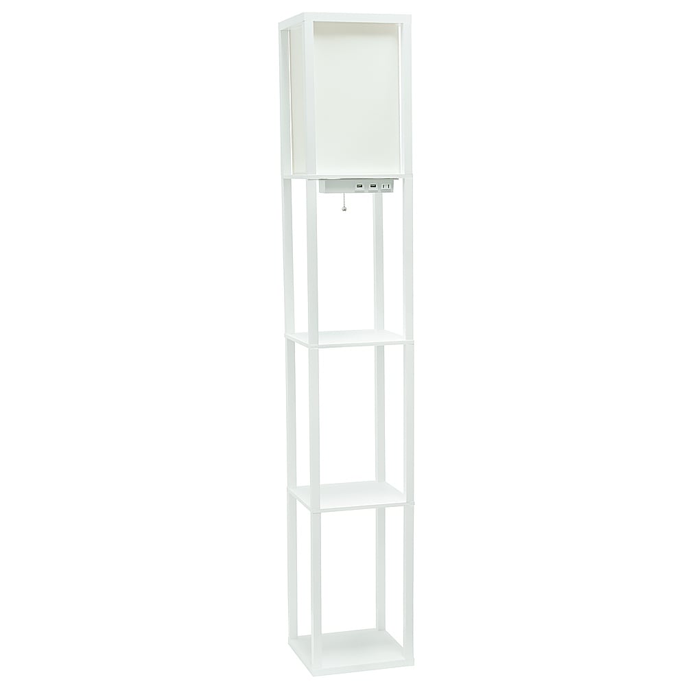 Simple Designs - Floor Lamp Etagere Organizer Storage Shelf w 2 USB Charging Ports, 1 Charging Outlet & Linen Shade - White_1
