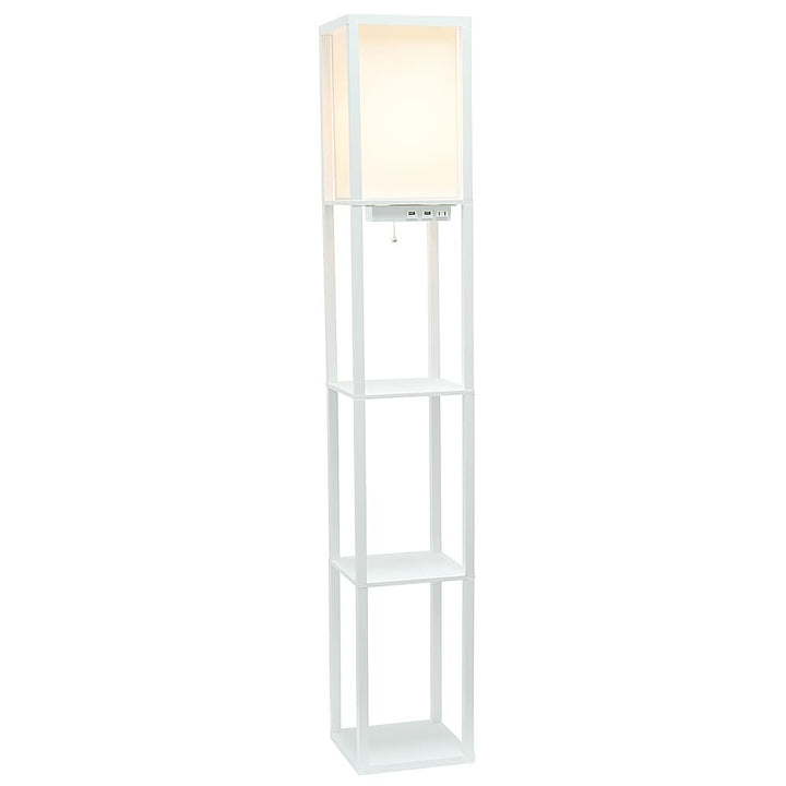 Simple Designs - Floor Lamp Etagere Organizer Storage Shelf w 2 USB Charging Ports, 1 Charging Outlet & Linen Shade - White_0