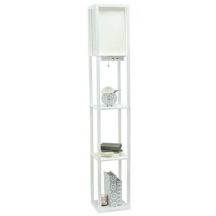 Simple Designs - Floor Lamp Etagere Organizer Storage Shelf w 2 USB Charging Ports, 1 Charging Outlet & Linen Shade - White_8