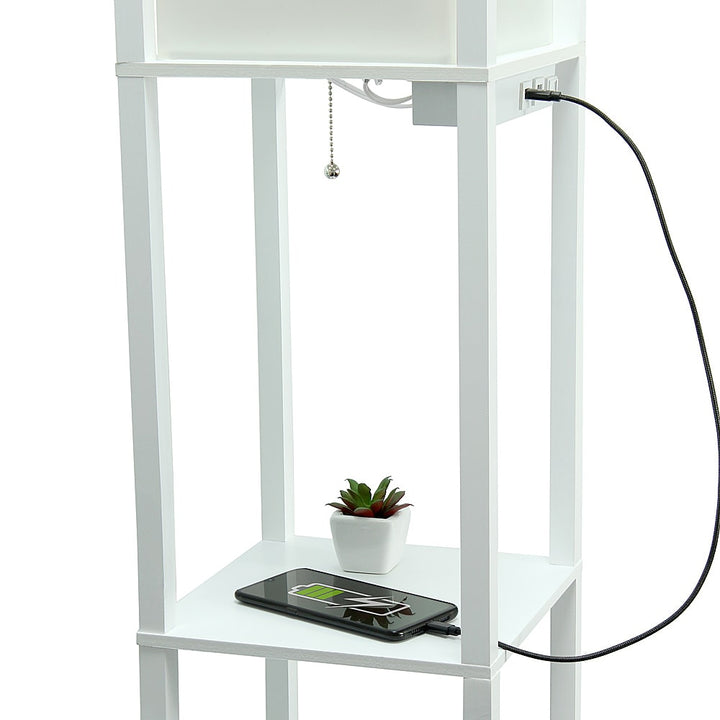 Simple Designs - Floor Lamp Etagere Organizer Storage Shelf w 2 USB Charging Ports, 1 Charging Outlet & Linen Shade - White_9