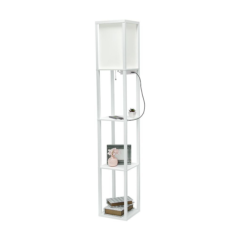 Simple Designs - Floor Lamp Etagere Organizer Storage Shelf w 2 USB Charging Ports, 1 Charging Outlet & Linen Shade - White_6