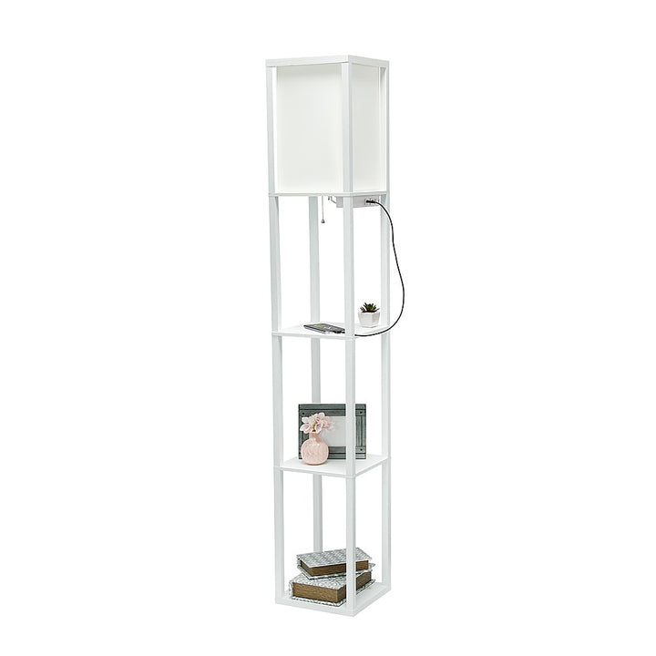 Simple Designs - Floor Lamp Etagere Organizer Storage Shelf w 2 USB Charging Ports, 1 Charging Outlet & Linen Shade - White_6
