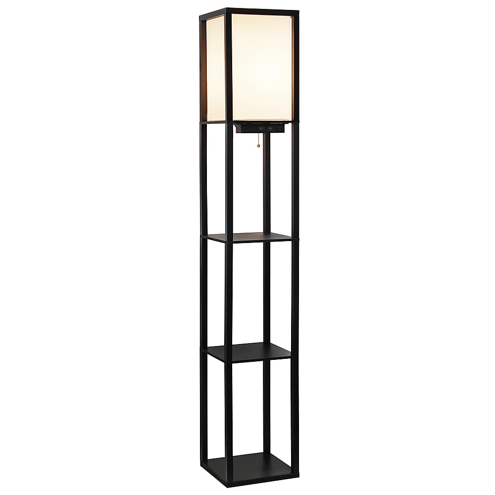 Simple Designs - Floor Lamp Etagere Organizer Storage Shelf w 2 USB Charging Ports, 1 Charging Outlet & Linen Shade - Black_1
