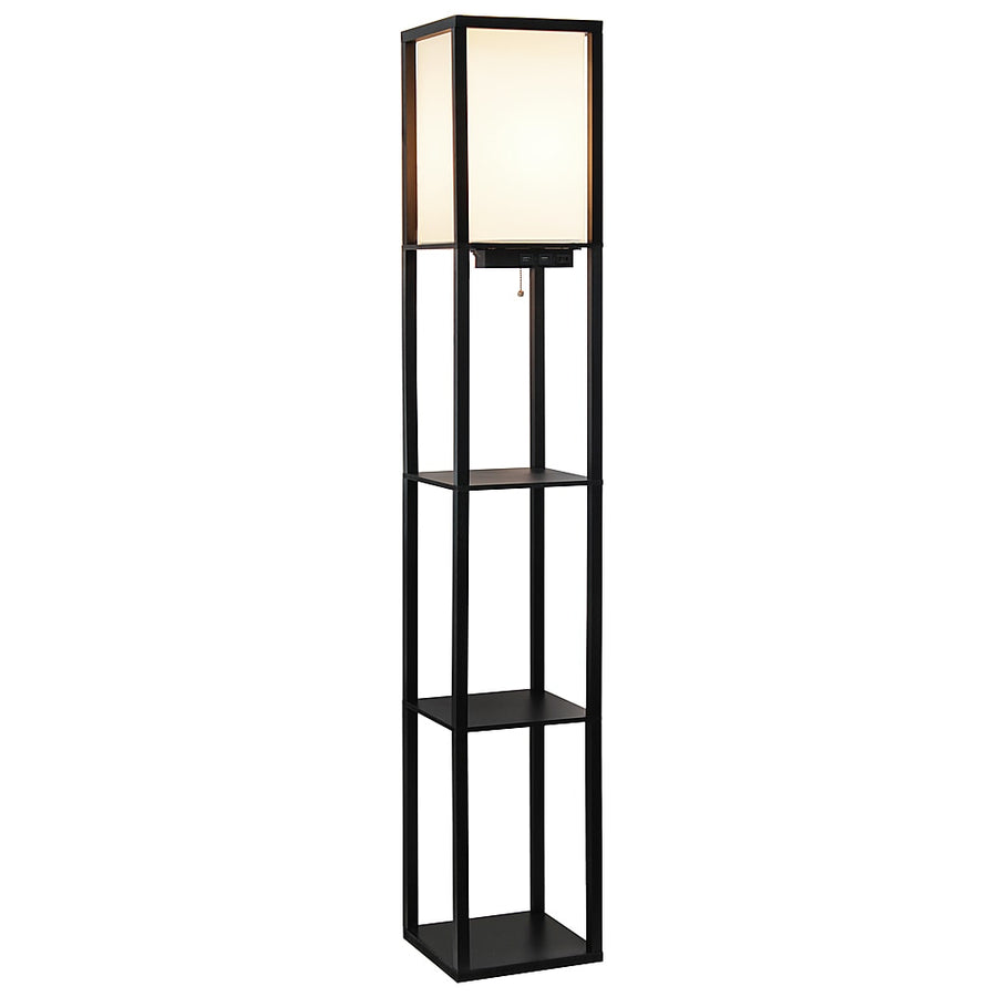 Simple Designs - Floor Lamp Etagere Organizer Storage Shelf w 2 USB Charging Ports, 1 Charging Outlet & Linen Shade - Black_0