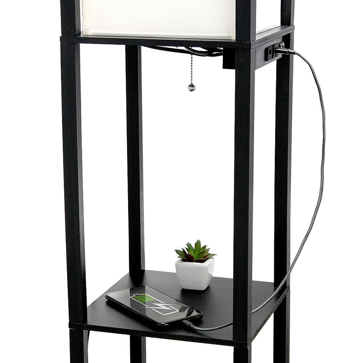 Simple Designs - Floor Lamp Etagere Organizer Storage Shelf w 2 USB Charging Ports, 1 Charging Outlet & Linen Shade - Black_6