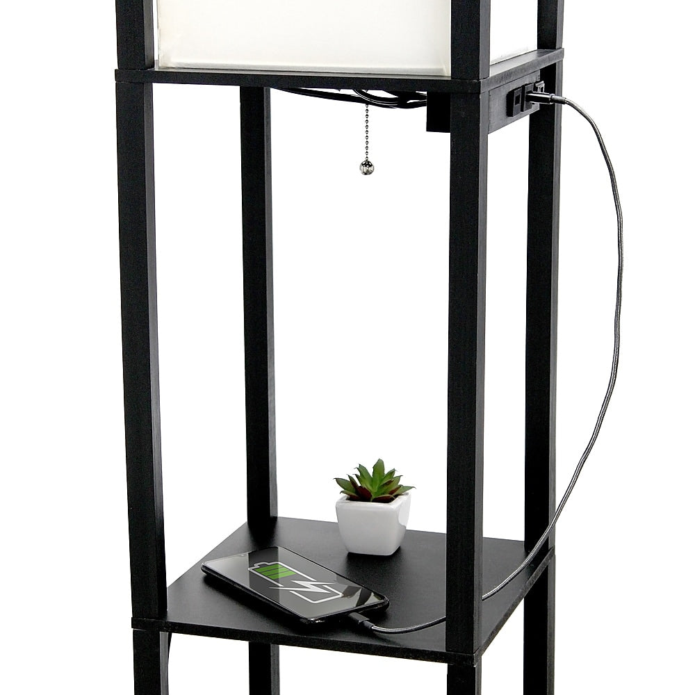 Simple Designs - Floor Lamp Etagere Organizer Storage Shelf w 2 USB Charging Ports, 1 Charging Outlet & Linen Shade - Black_7