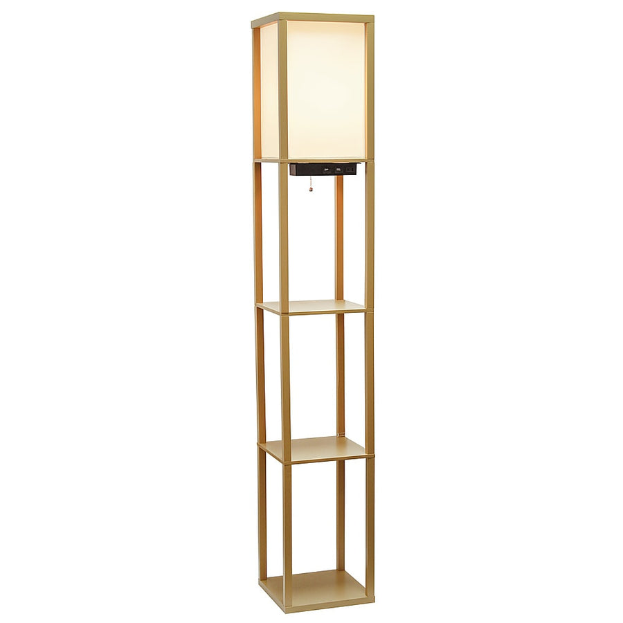 Simple Designs - Floor Lamp Etagere Organizer Storage Shelf w 2 USB Charging Ports, 1 Charging Outlet & Linen Shade - Tan_0