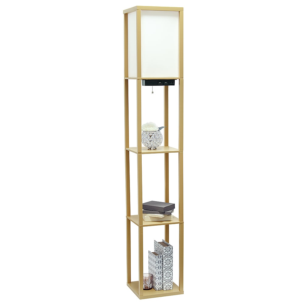 Simple Designs - Floor Lamp Etagere Organizer Storage Shelf w 2 USB Charging Ports, 1 Charging Outlet & Linen Shade - Tan_9