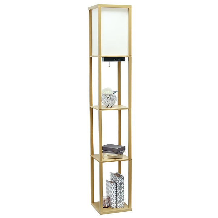 Simple Designs - Floor Lamp Etagere Organizer Storage Shelf w 2 USB Charging Ports, 1 Charging Outlet & Linen Shade - Tan_9