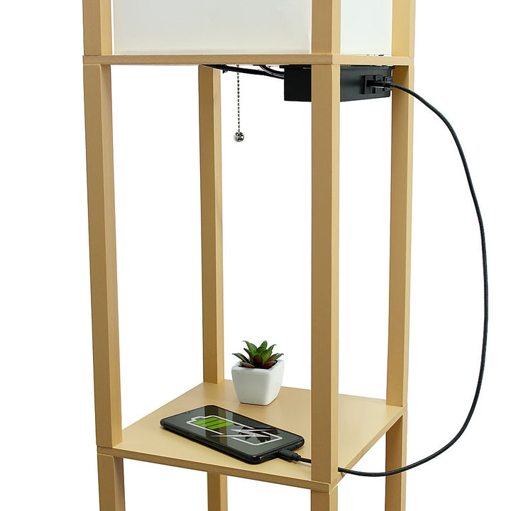 Simple Designs - Floor Lamp Etagere Organizer Storage Shelf w 2 USB Charging Ports, 1 Charging Outlet & Linen Shade - Tan_8