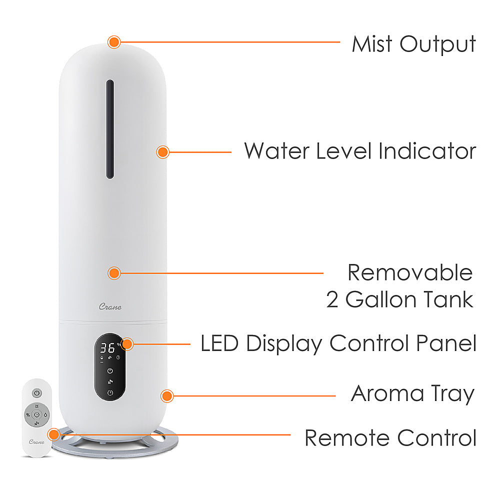 CRANE - 2 Gal. Tower Ultrasonic Cool Mist Humidifier with Remote - White_1