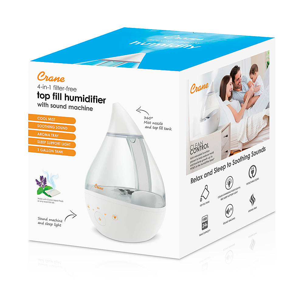 CRANE - 1 Gal. Drop Cool Mist Humidifier with Sound Machine - Clear/White_1