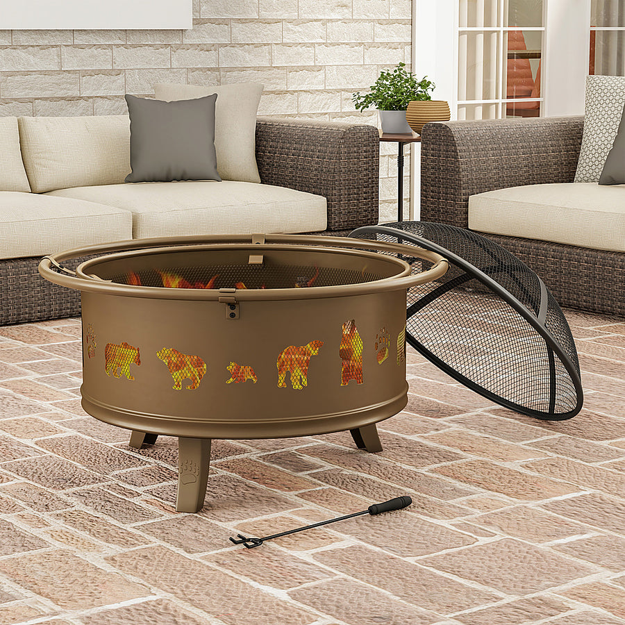 Nature Spring - Round Steel Wood Burning Fire Pit with Bear Cutouts - Antique Gold_0