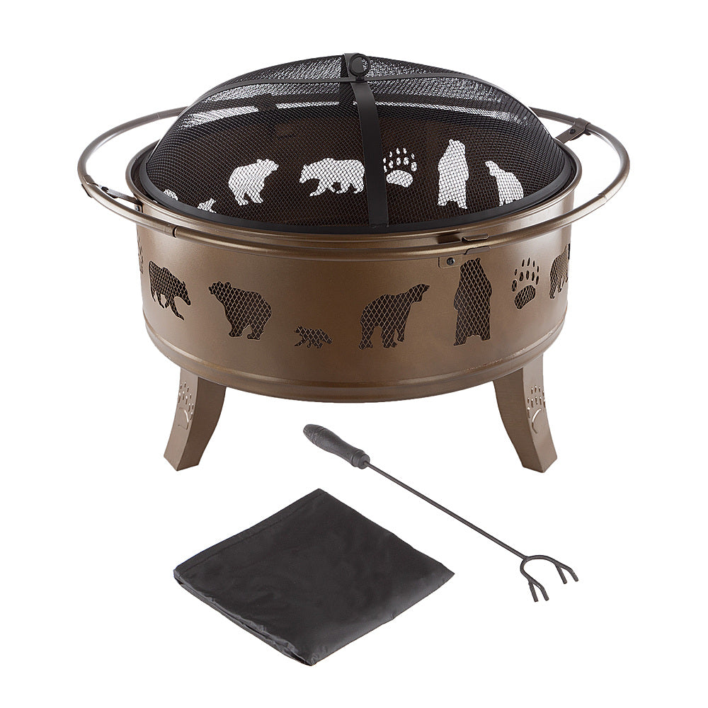 Nature Spring - Round Steel Wood Burning Fire Pit with Bear Cutouts - Antique Gold_3