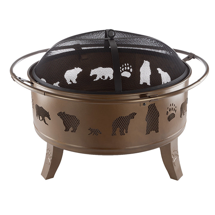 Nature Spring - Round Steel Wood Burning Fire Pit with Bear Cutouts - Antique Gold_2