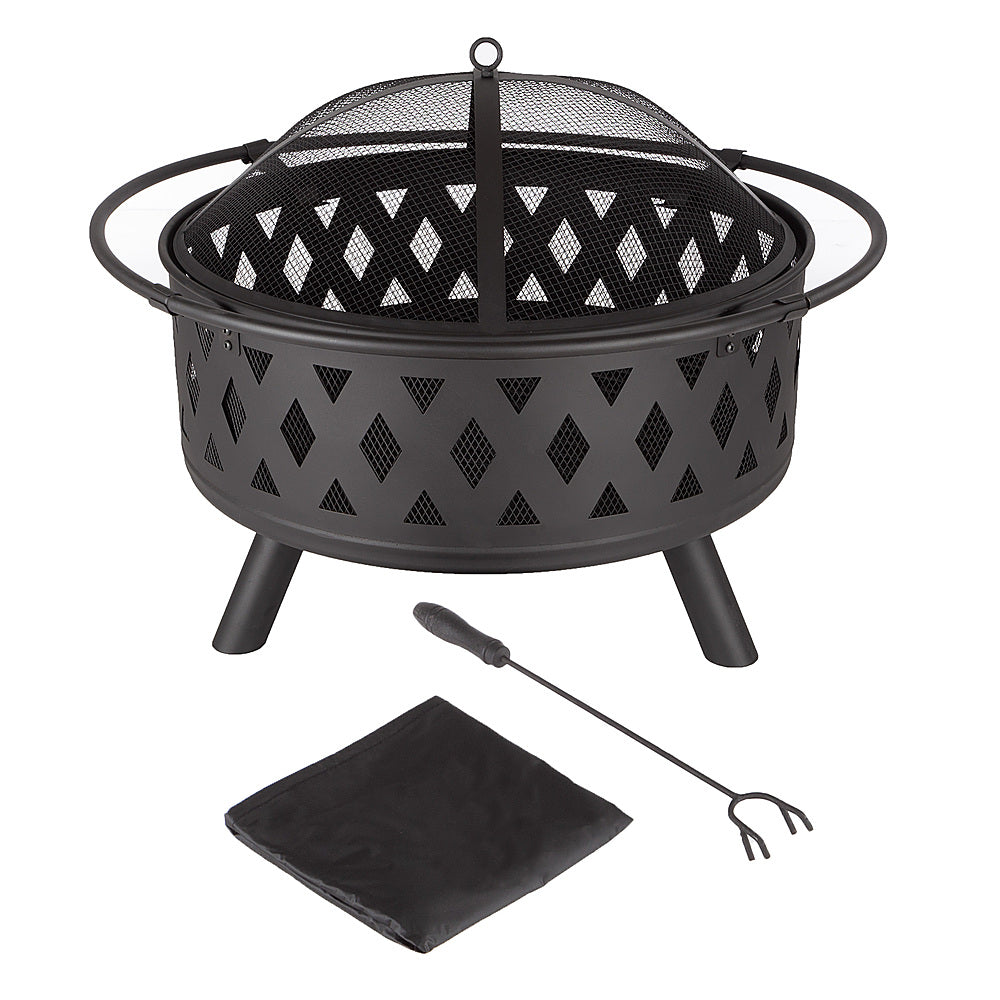 Nature Spring - Round Cross-Weave Steel Wood Burning Fire Pit - Black_4