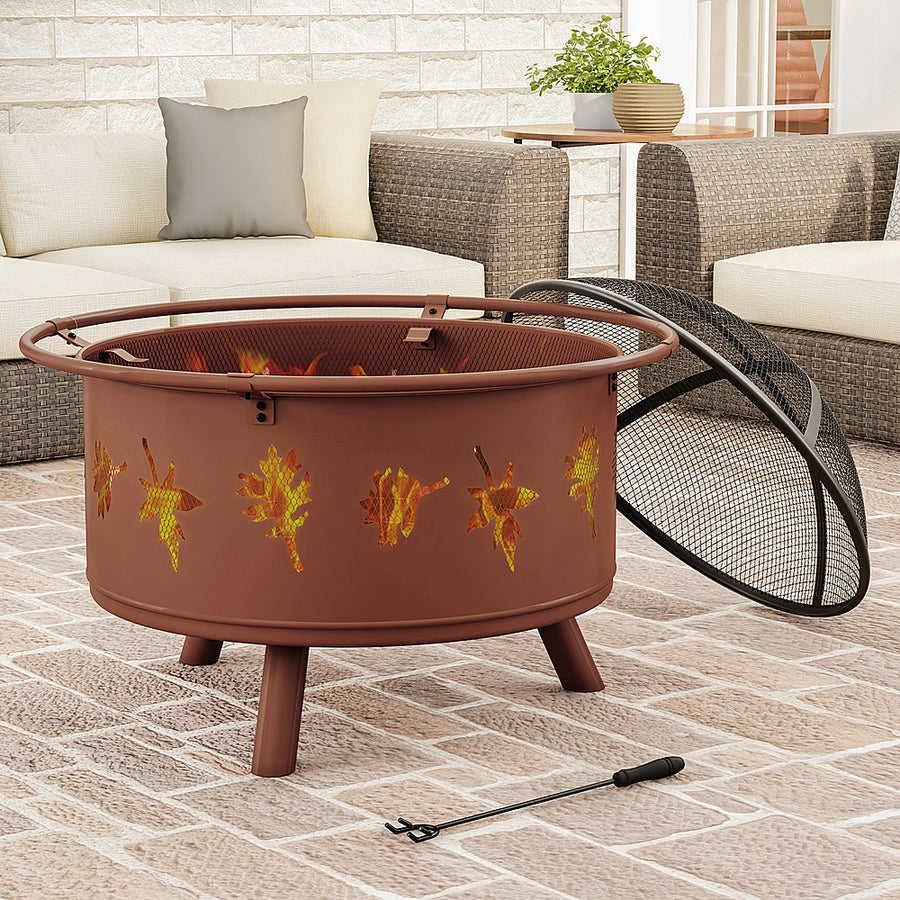Nature Spring - Round Steel Wood Burning Fire Pit with Leaf Cutouts - Rugged Rust_0