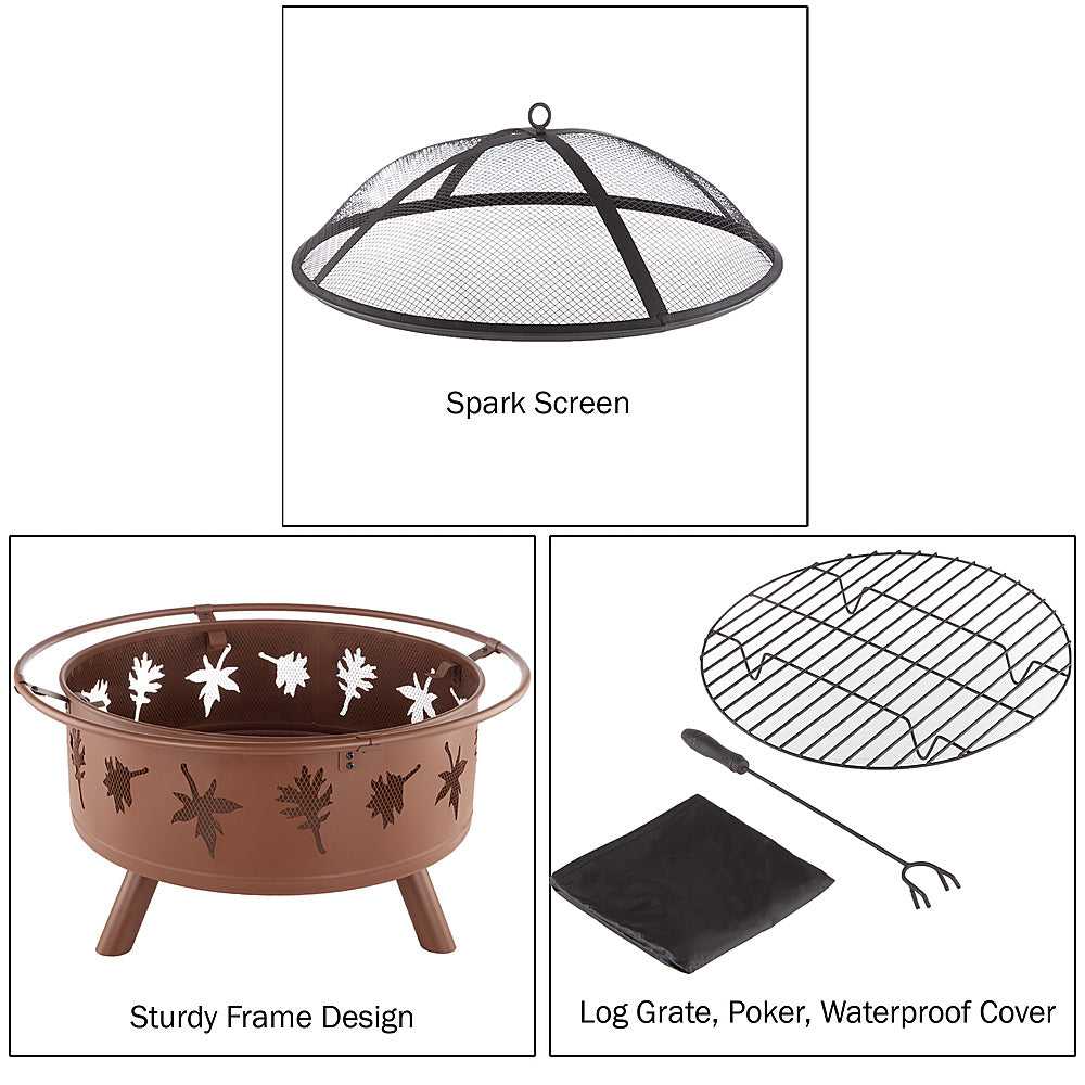 Nature Spring - Round Steel Wood Burning Fire Pit with Leaf Cutouts - Rugged Rust_6