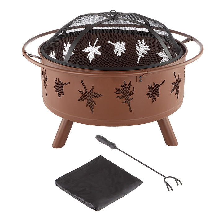 Nature Spring - Round Steel Wood Burning Fire Pit with Leaf Cutouts - Rugged Rust_4