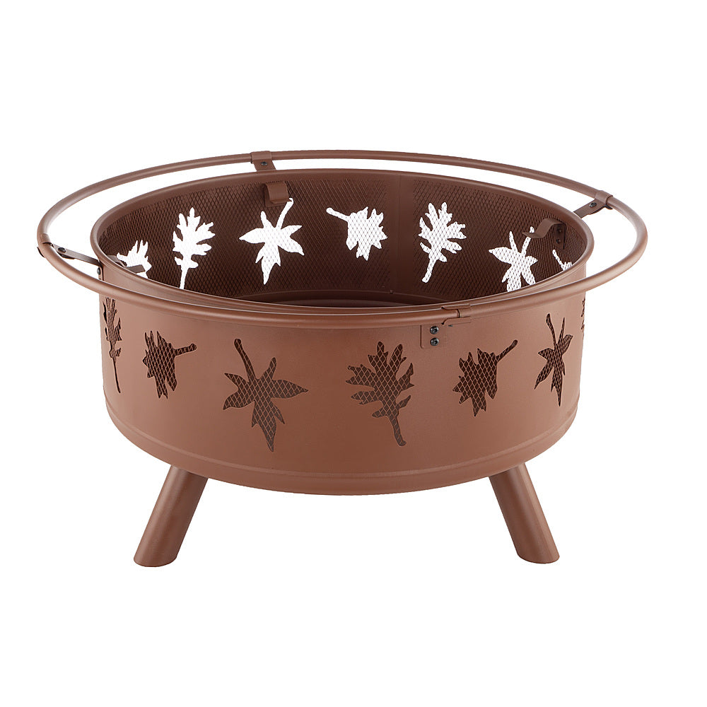 Nature Spring - Round Steel Wood Burning Fire Pit with Leaf Cutouts - Rugged Rust_3