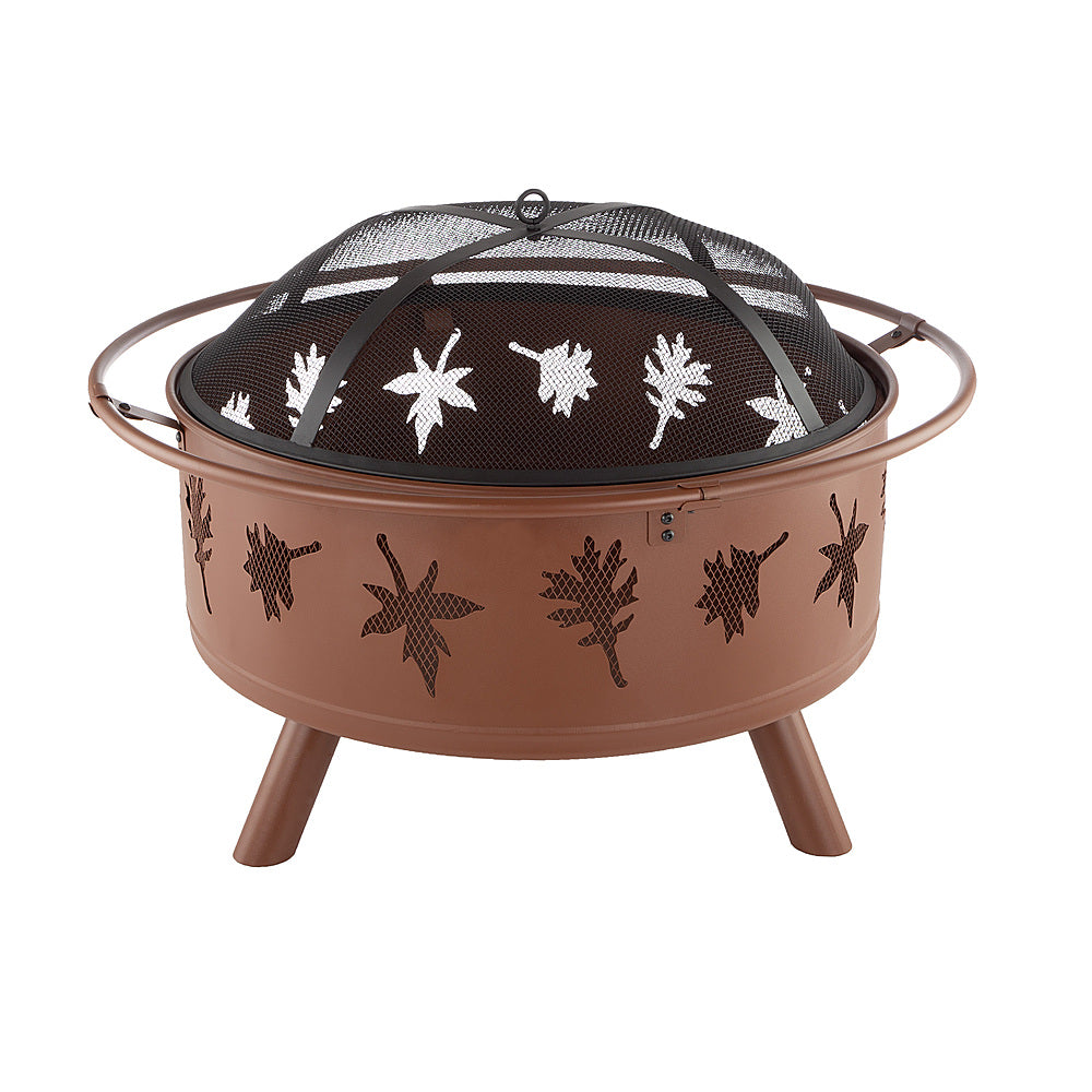 Nature Spring - Round Steel Wood Burning Fire Pit with Leaf Cutouts - Rugged Rust_2