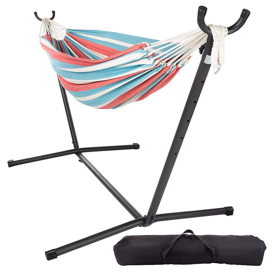 Hastings Home - Double Brazilian Woven Cotton Hammock with Stand and Carrying Bag - Blue/Red Stripe_0
