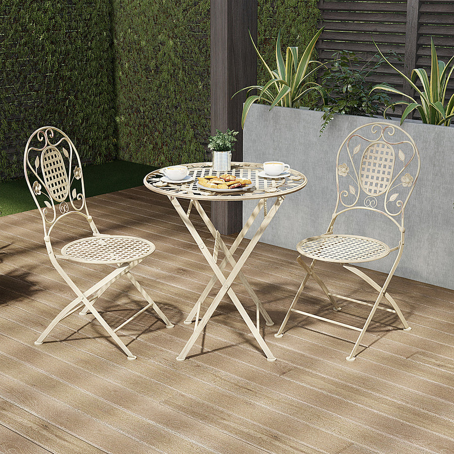 Hastings Home - Folding Bistro Set Outdoor Furniture for Garden, Patio, Porch with Lattice & Leaf Design 3PC Table and Chairs - Antique White_0