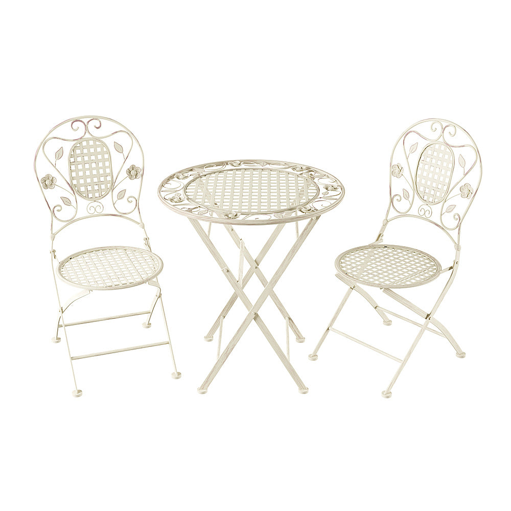 Hastings Home - Folding Bistro Set Outdoor Furniture for Garden, Patio, Porch with Lattice & Leaf Design 3PC Table and Chairs - Antique White_1