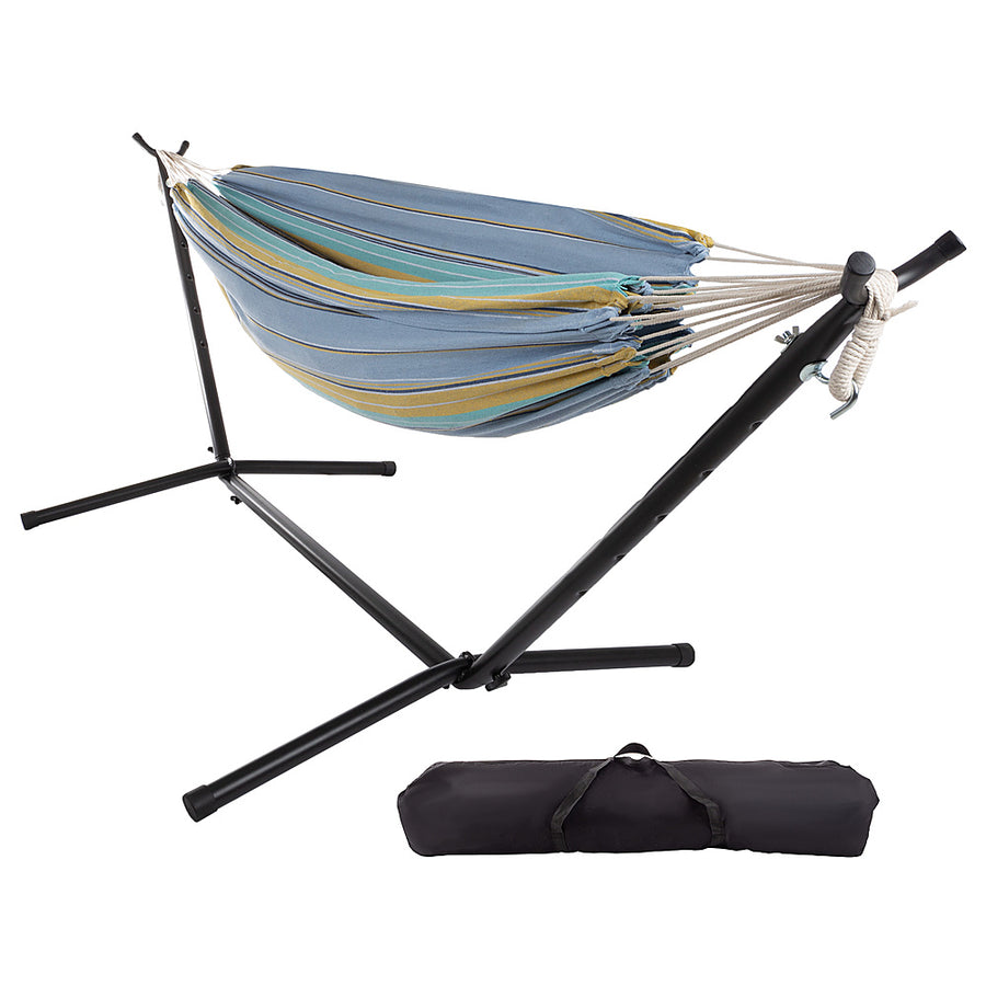 Hastings Home - Double Brazilian Woven Cotton Hammock with Stand and Carrying Bag - Blue Stripes_0