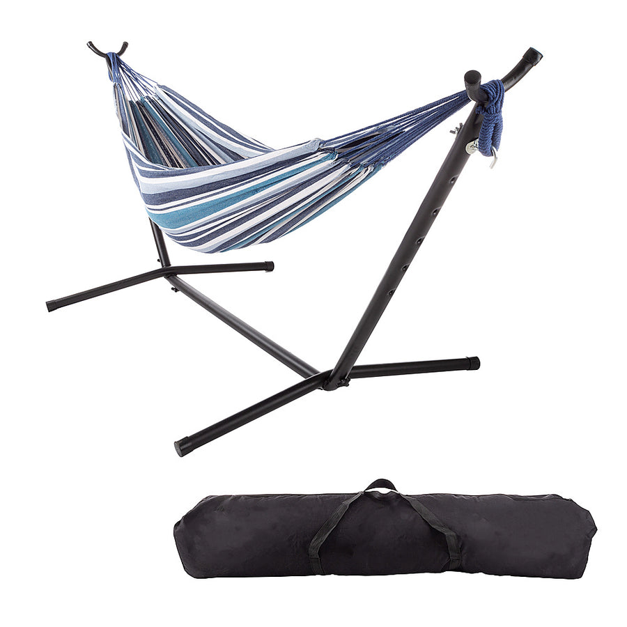 Hastings Home - Double Brazilian Poly Cotton Hammock with Stand and Carrying Bag - Blue_0