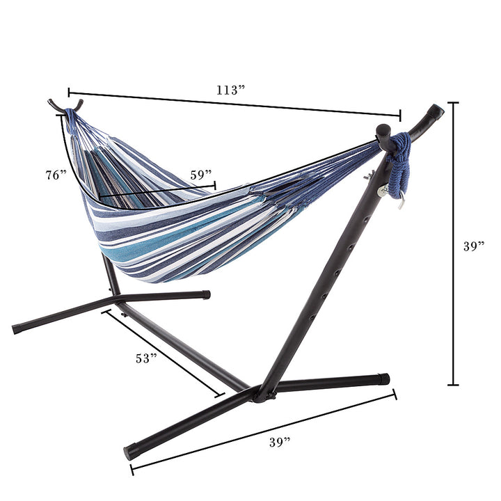 Hastings Home - Double Brazilian Poly Cotton Hammock with Stand and Carrying Bag - Blue_3