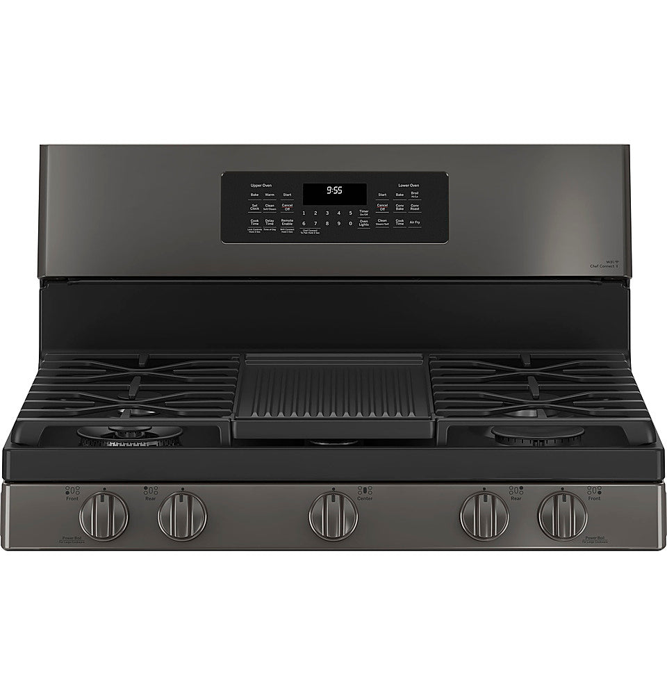GE Profile - 6.8 Cu. Ft. Frestanding Double Oven Gas True Convection Range with No-Preheat Air Fry - Black stainless steel_1