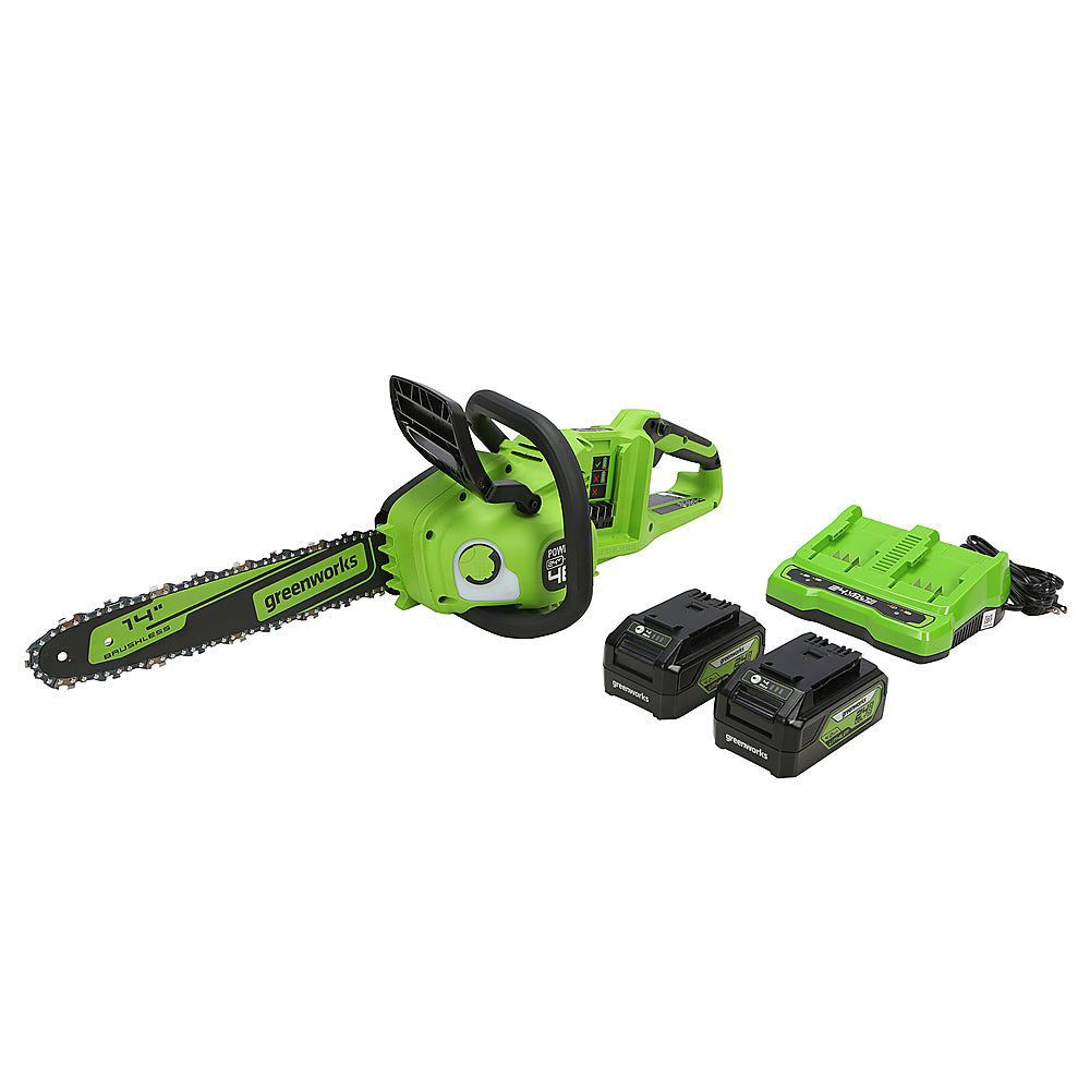 Greenworks - 14 in 48-Volt (2 x 24V) Cordless Brushless Chainsaw (2 4Ah USB Batteries and Dual Port Charger Included) - Green_1