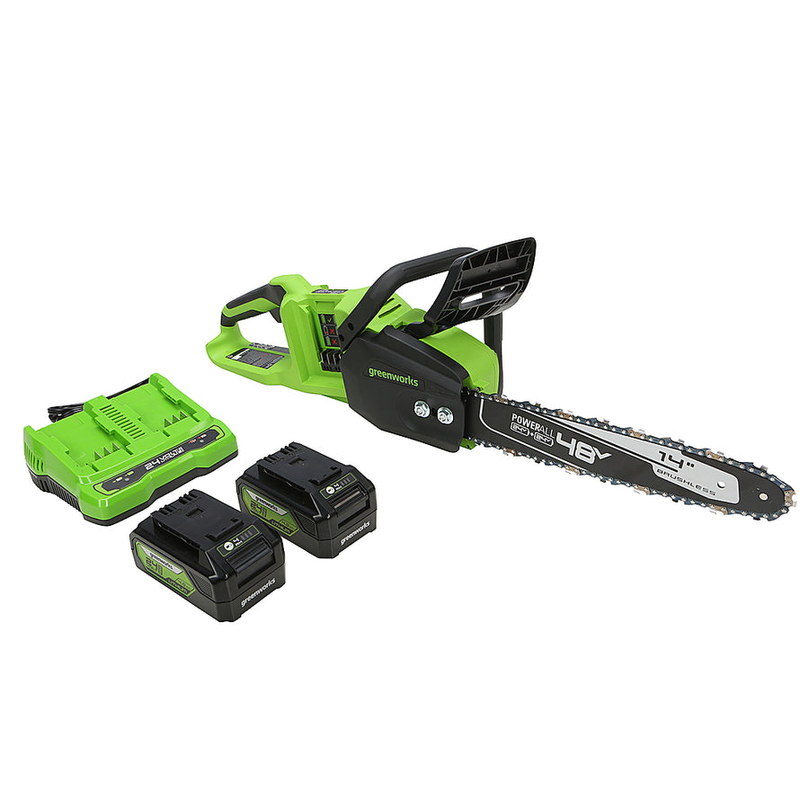 Greenworks - 14 in 48-Volt (2 x 24V) Cordless Brushless Chainsaw (2 4Ah USB Batteries and Dual Port Charger Included) - Green_0