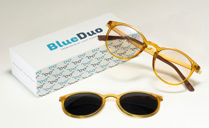 Wavebalance - BlueDuo, Poet, Blue Light Reducing Glasses with Magnetic Sunglass Clip-On- Honey - Yellow_1