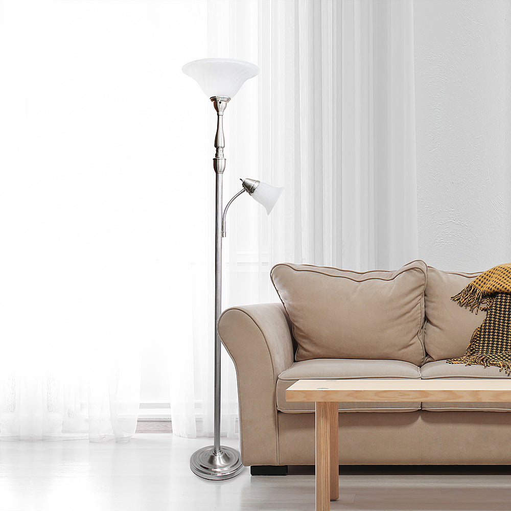 Lalia Home - Torchiere 800lm Floor Lamp with Reading Light and Marble Glass Shades - Brushed Nickel/White Shade_5
