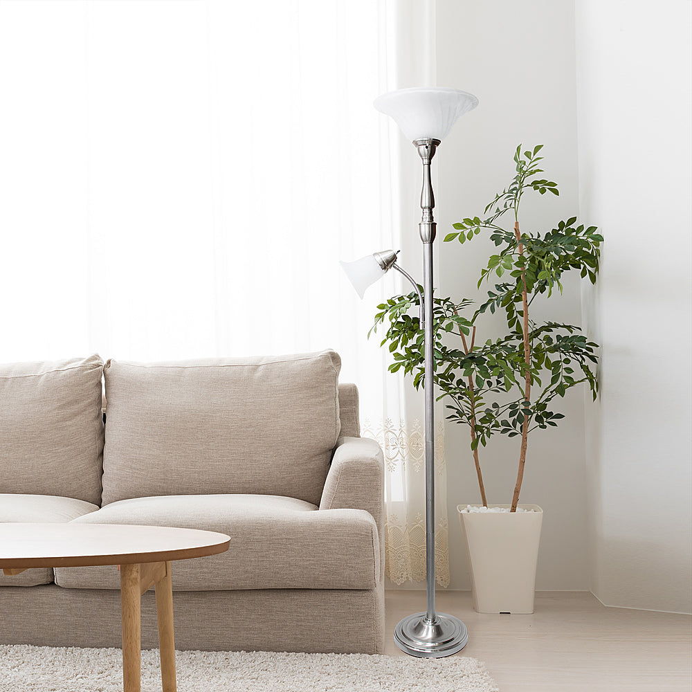 Lalia Home - Torchiere 800lm Floor Lamp with Reading Light and Marble Glass Shades - Brushed Nickel/White Shade_6