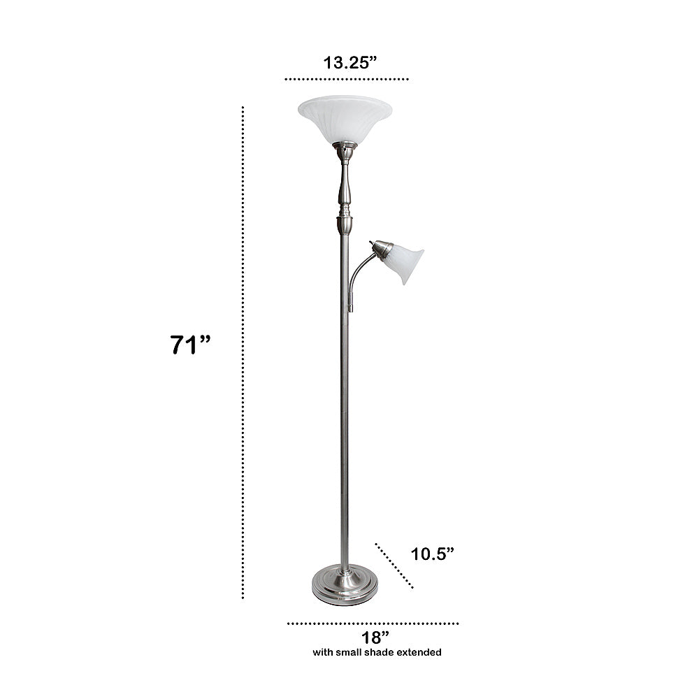 Lalia Home - Torchiere 800lm Floor Lamp with Reading Light and Marble Glass Shades - Brushed Nickel/White Shade_2