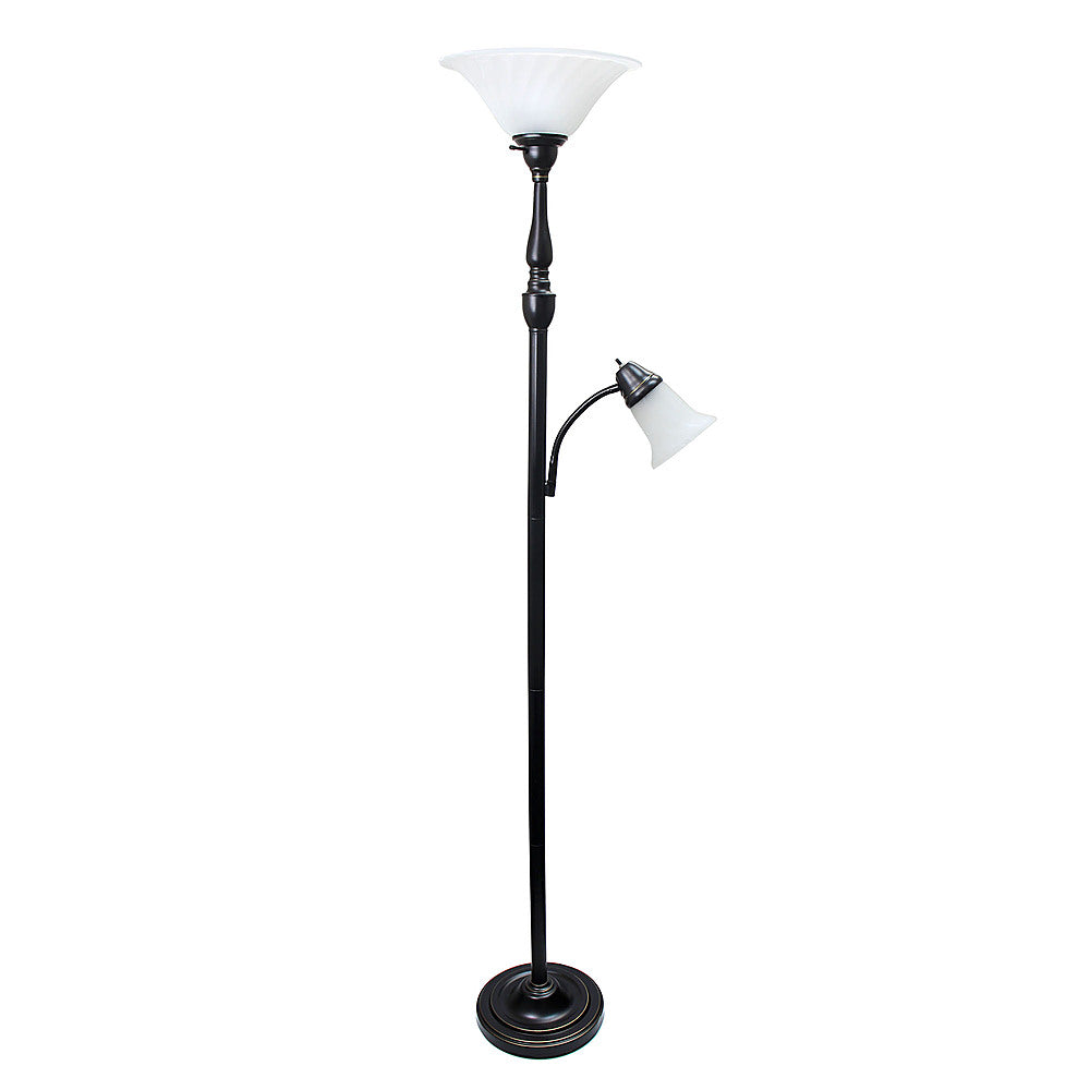 Lalia Home - Torchiere 800lm Floor Lamp with Reading Light and Marble Glass Shades - Restoration Bronze/White Shade_1