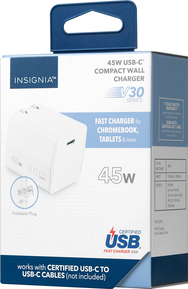 Insignia™ - 45W USB-C Compact Wall Charger for Chromebook and Other USB-Devices - White_7