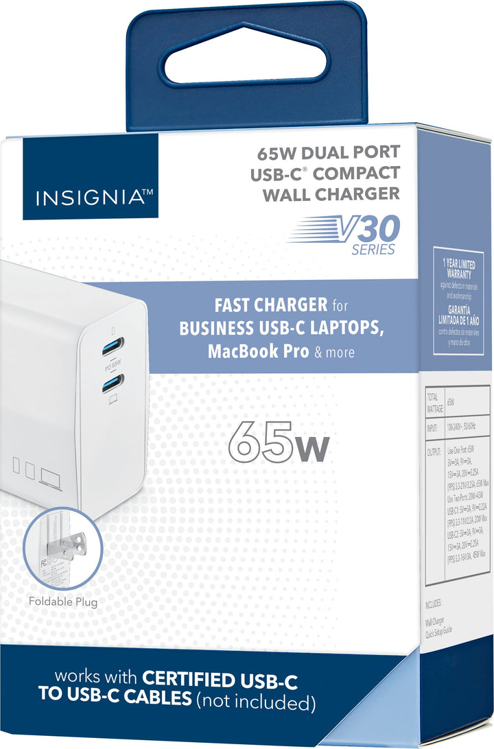 Insignia™ - 65W Dual Port USB-C Compact Wall Charger for MacBook Pro, MacBook Air, and most USB-C Laptops - White_9