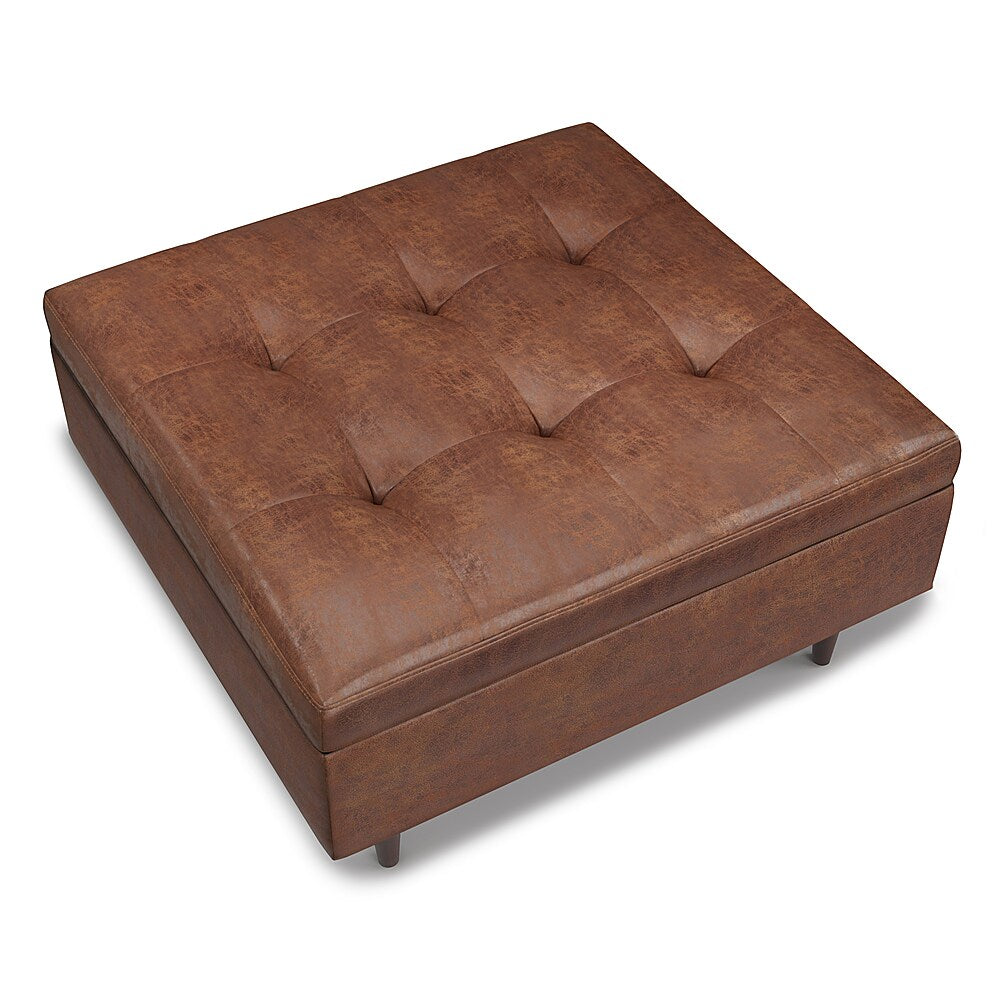 Simpli Home - Shay Mid Century Large Square Coffee Table Storage Ottoman - Distressed Saddle Brown_9