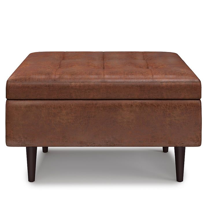 Simpli Home - Shay Mid Century Small Square Coffee Table Storage Ottoman - Distressed Saddle Brown_2